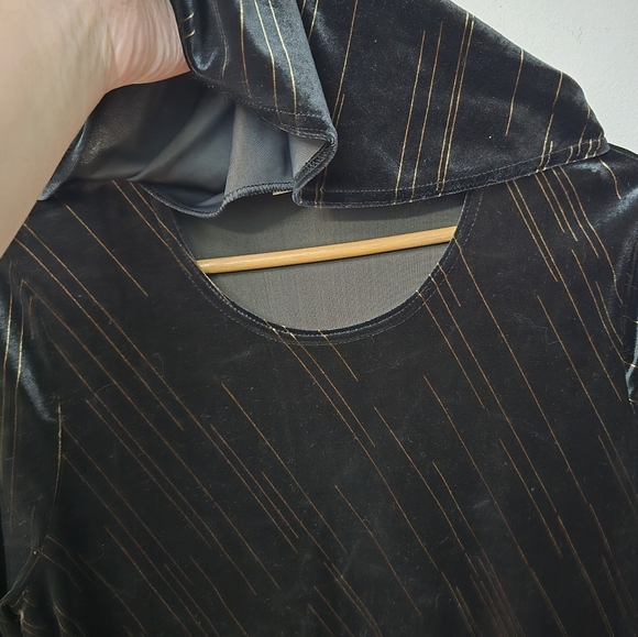 Di Marco Vtg Small Velvet Cowl Neck Shirt Velour Black Gold Stripes Plush - Picture 6 of 11